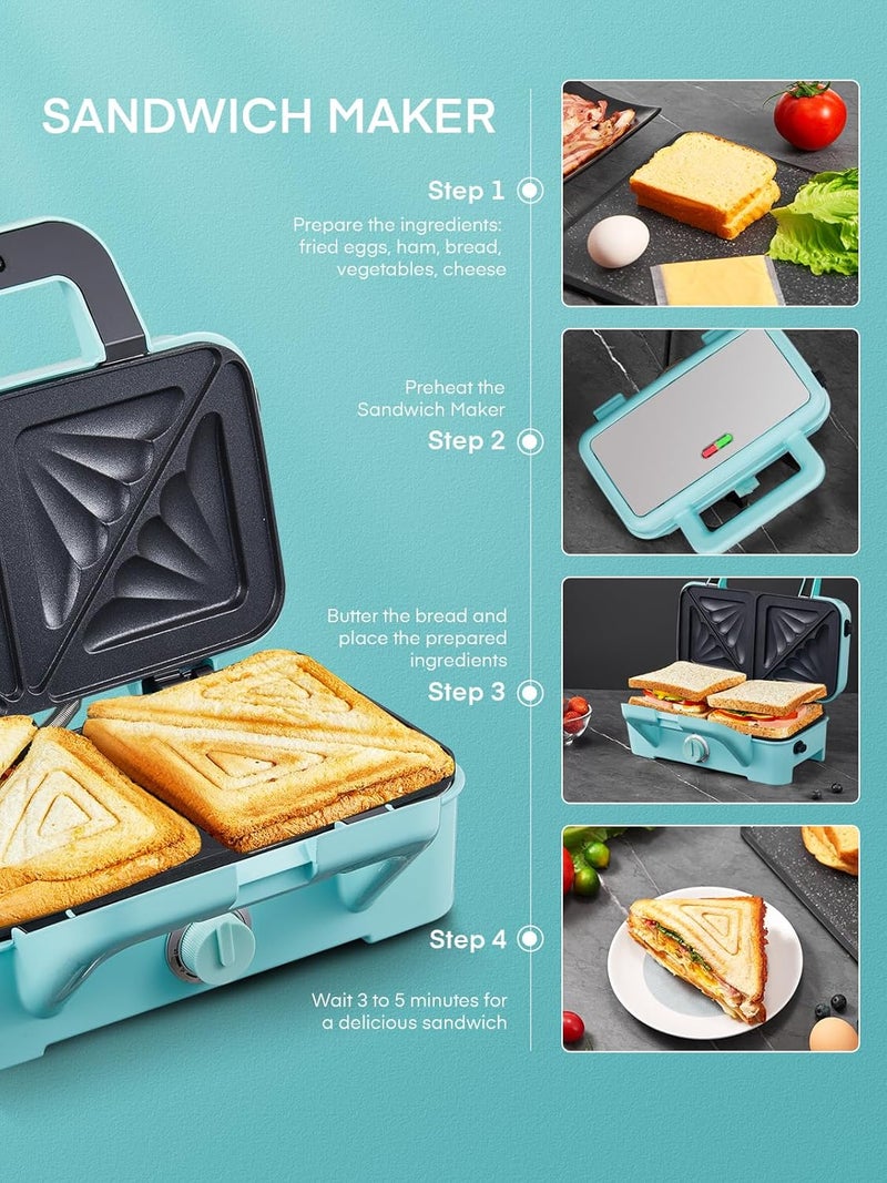 FOHERE Waffle Maker 3 in 1 Sandwich Maker 1200W Panini Press With Removable Plates and 5-gear Temperature Control, Non-stick Coating Easy to Clean,Indicator Lights, Blue - Image 5